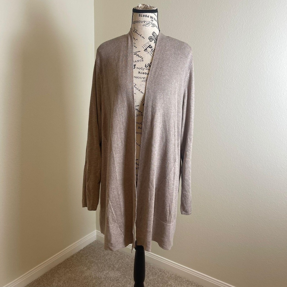 Chicos Open Front Ribbed Cardigan Sweater Taupe Brown Size 3 XL Long Sleeve